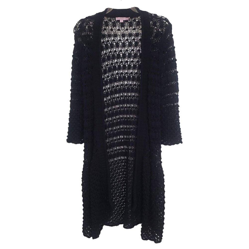 Calypso St Barth Open Knit Cardigan Crochet Cotton Black Beach Womens Size Small